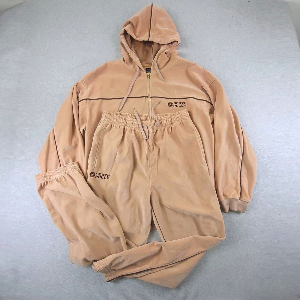 South Pole Tracksuit Mens 2XL Tan Velour Hoodie Pants Y2K Hip Hop Streetwear